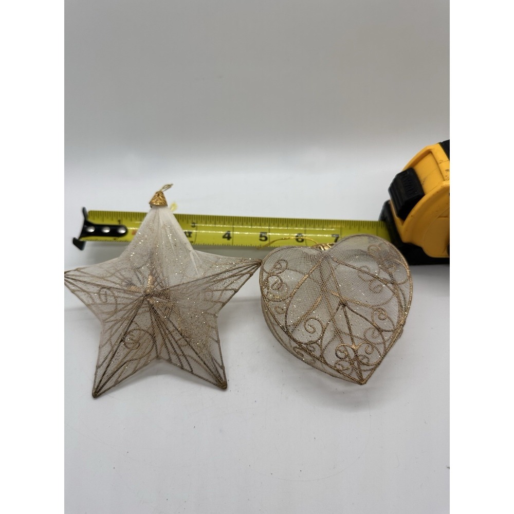 Gold Mesh Star & Heart Christmas Ornaments Set‎ of 2 Elegant Holiday Decor